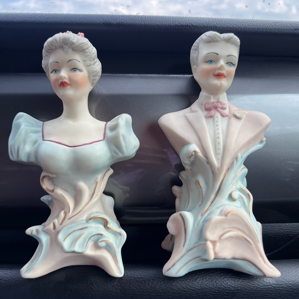 Old Vintage Elegant English Man Groom Bust Woman Wife Original Pottery Figurines